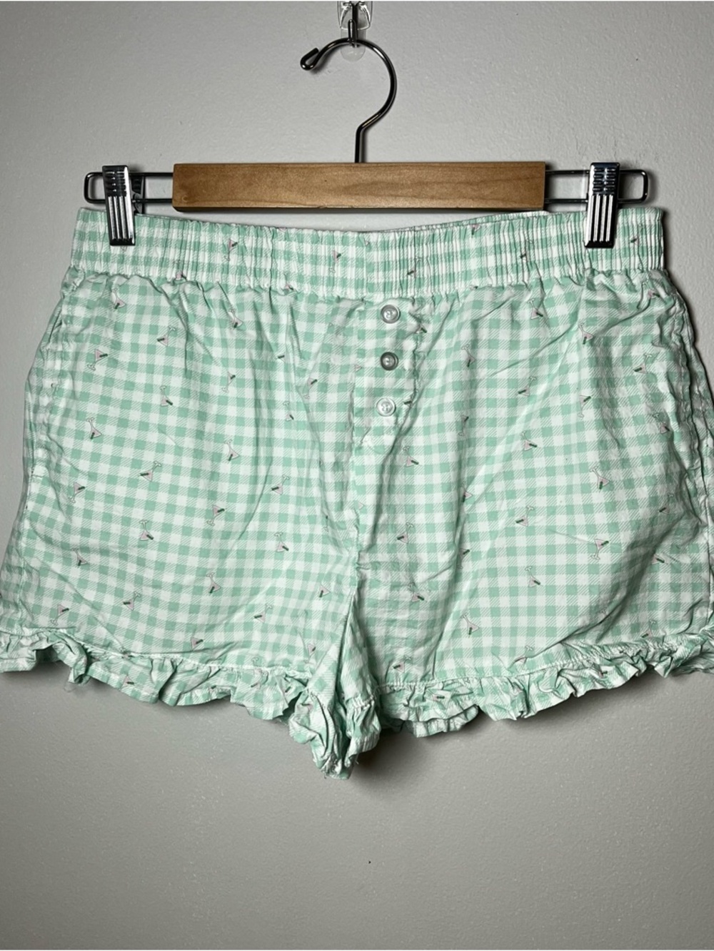 Better Together Green Gingham Pajama Shorts Size M Martini Glass Print Boxers